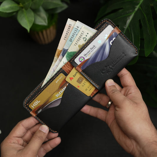 No. 81 classic full stitched bifold wallet Black & Tan pullup