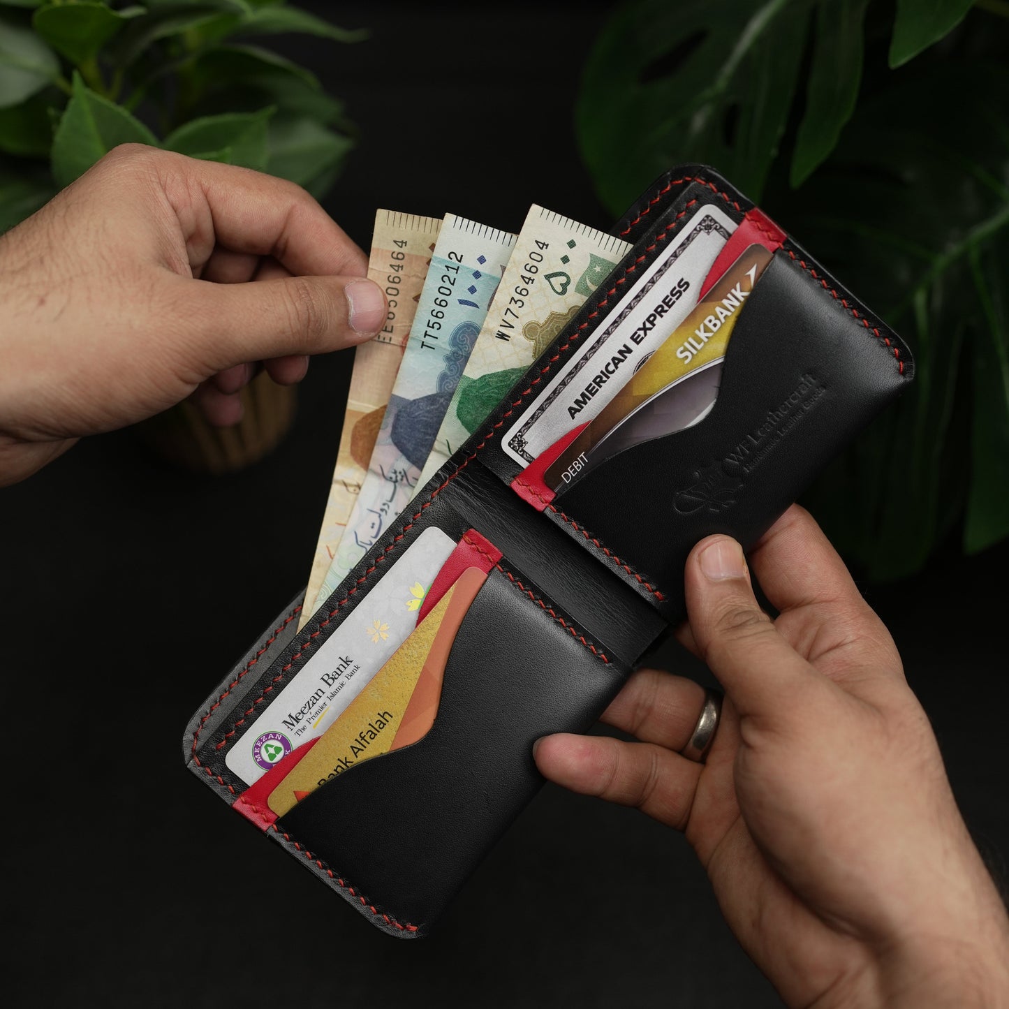 NO.81 Classic Bifold Luxury Leather Wallet – Black with Red Accents