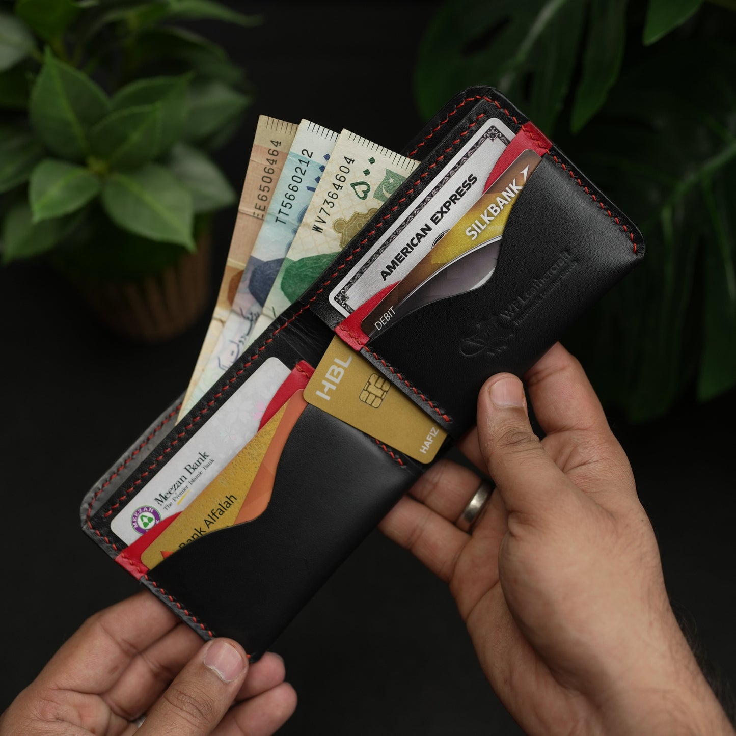 NO.81 Classic Bifold Luxury Leather Wallet – Black with Red Accents