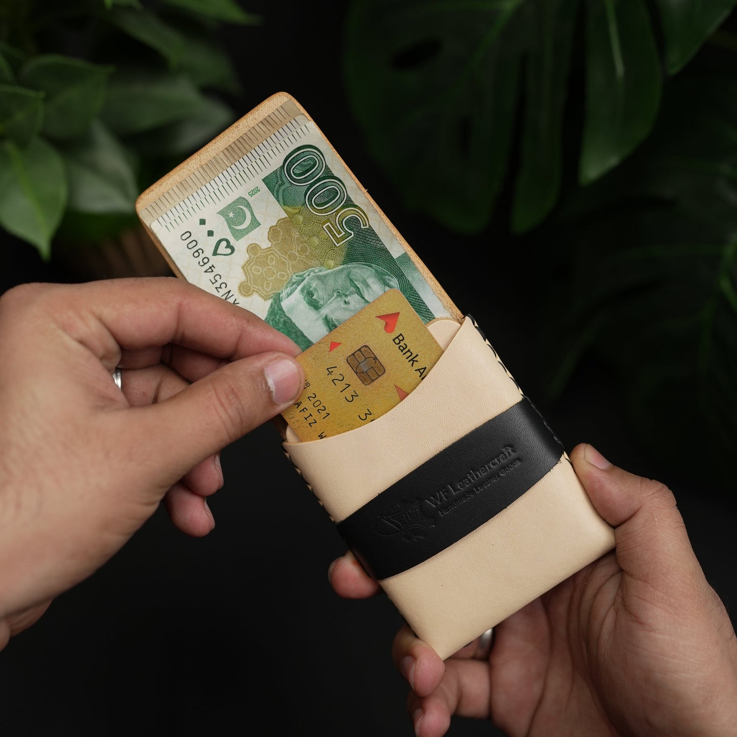 No. 101 All in one Card wallet natural vegtan leather & black combination