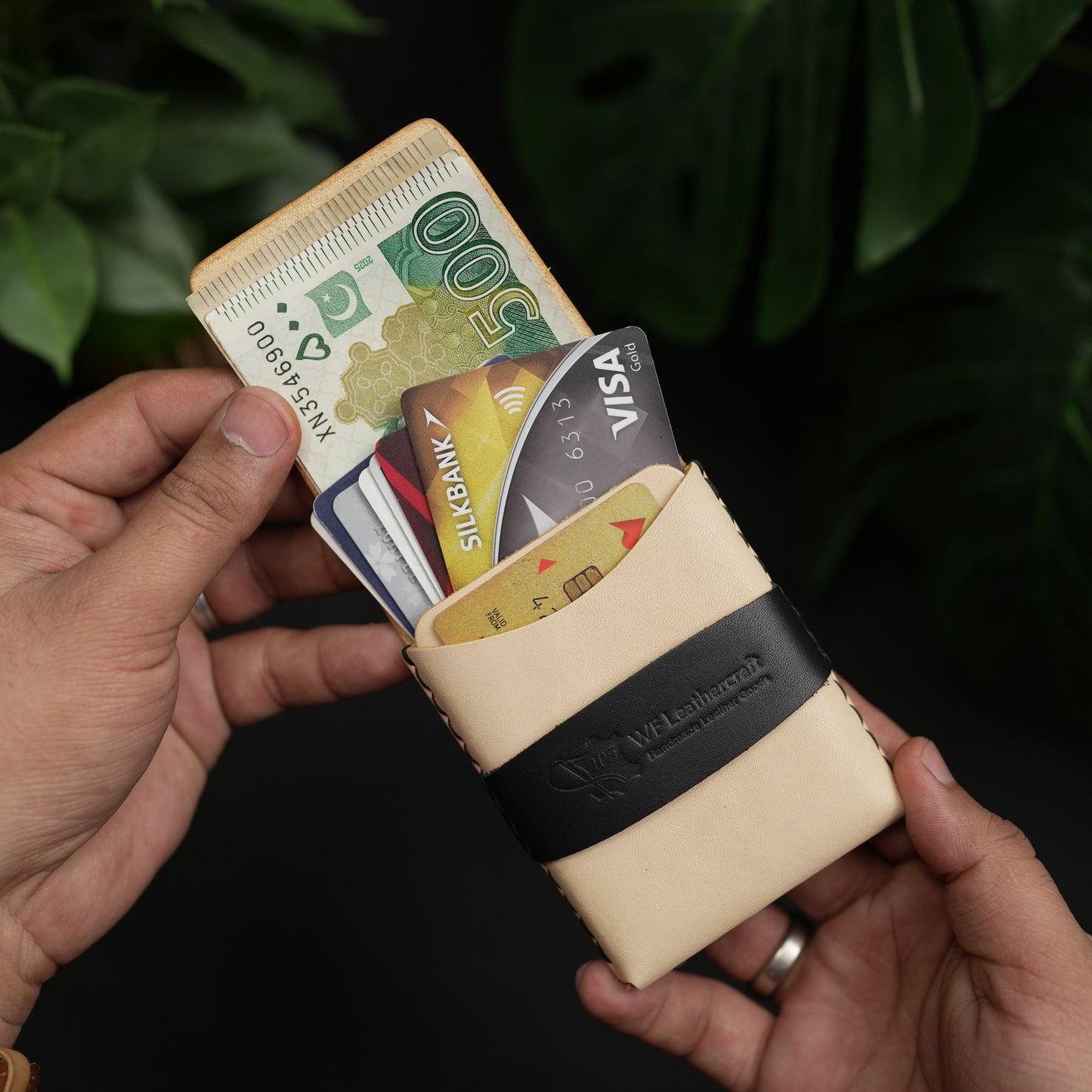 No. 101 All in one Card wallet natural vegtan leather & black combination