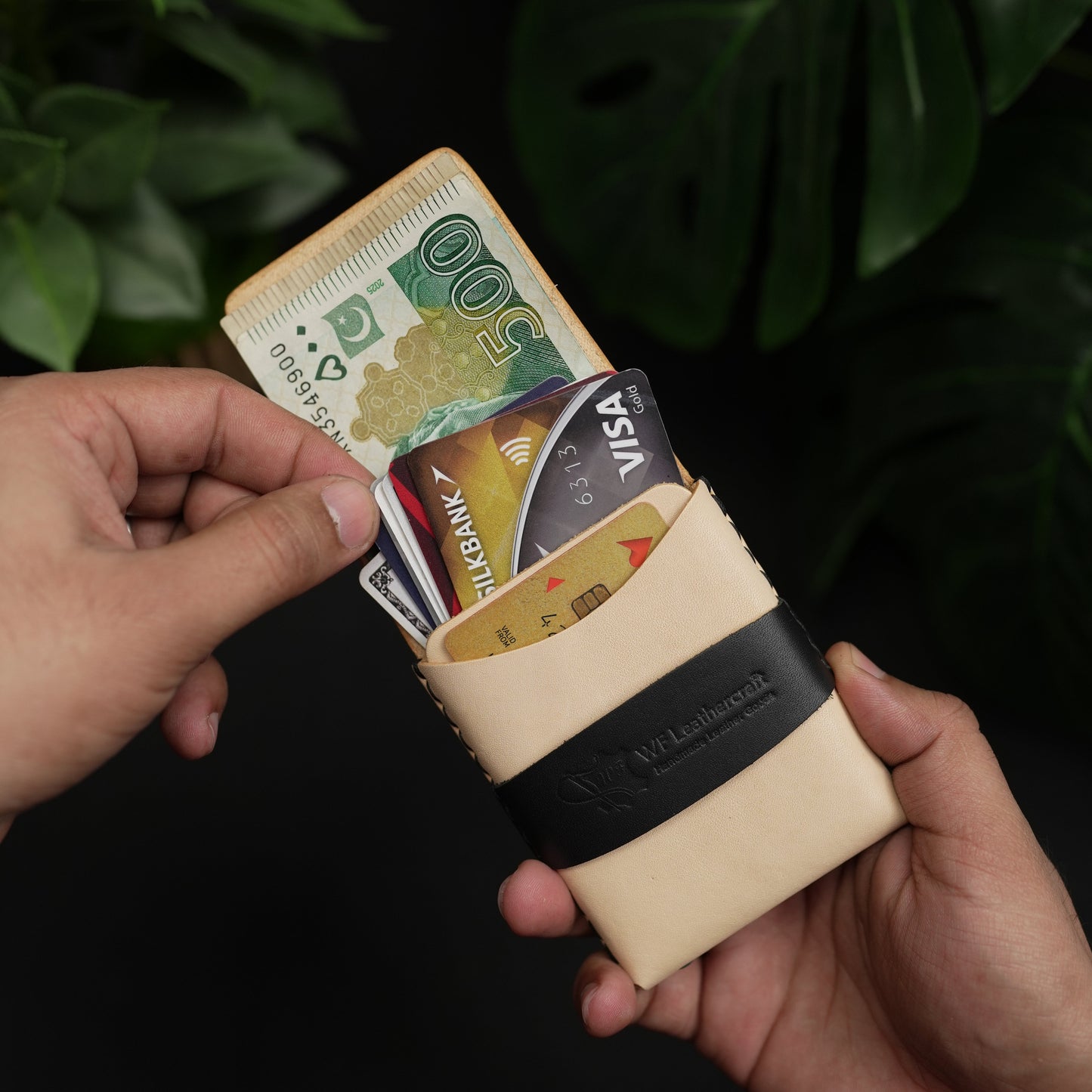 No. 101 All in one Card wallet natural vegtan leather & black combination