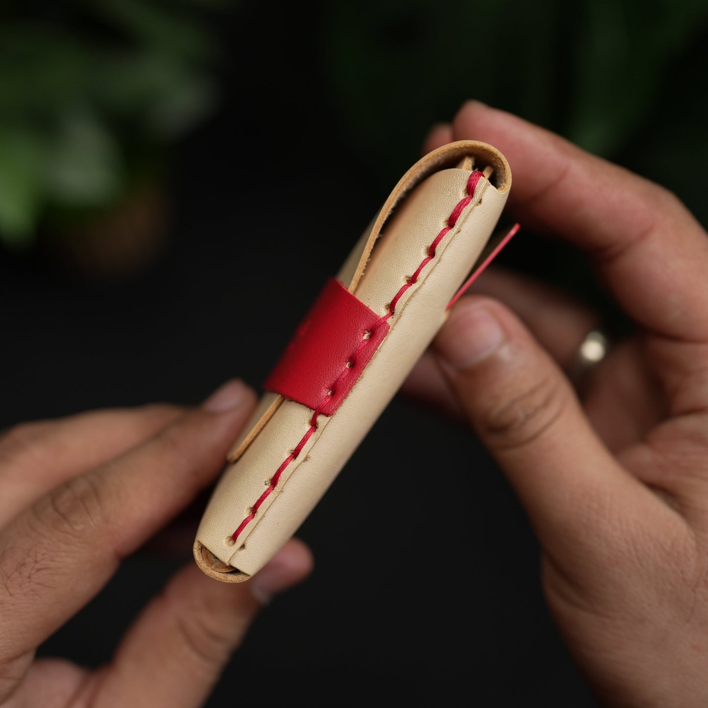 No. 101 All in one Card wallet natural vegtan leather & Red combination