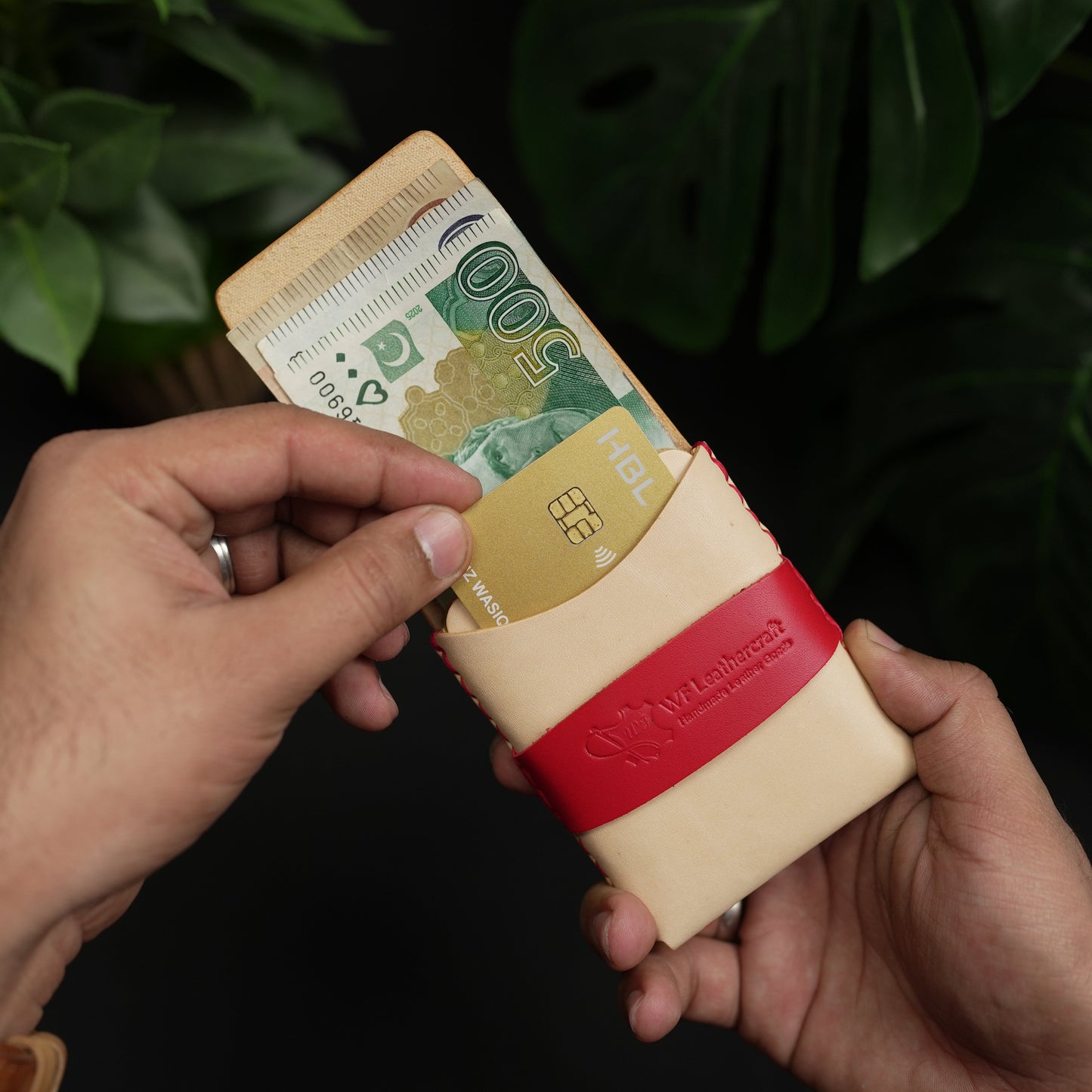 No. 101 All in one Card wallet natural vegtan leather & Red combination