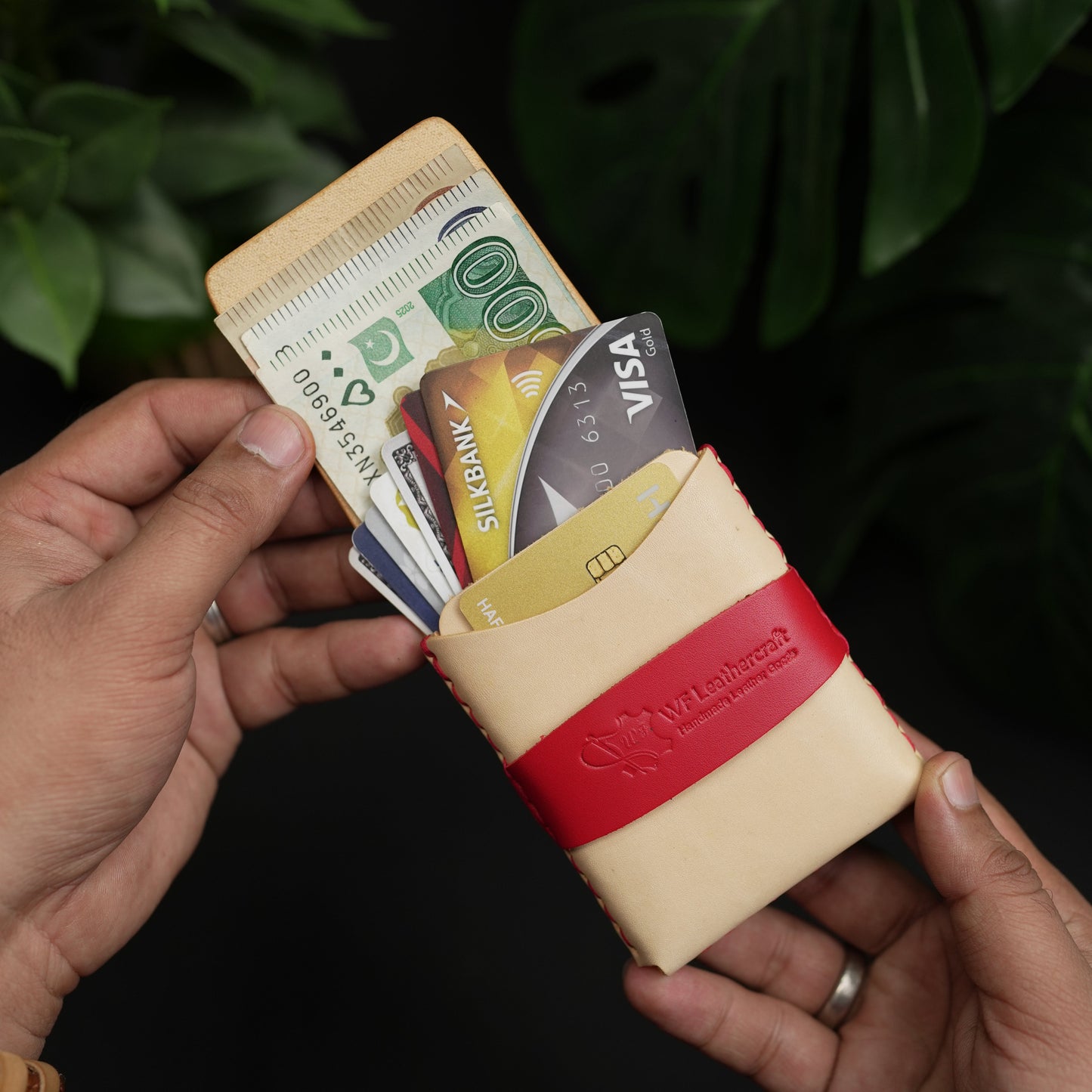 No. 101 All in one Card wallet natural vegtan leather & Red combination