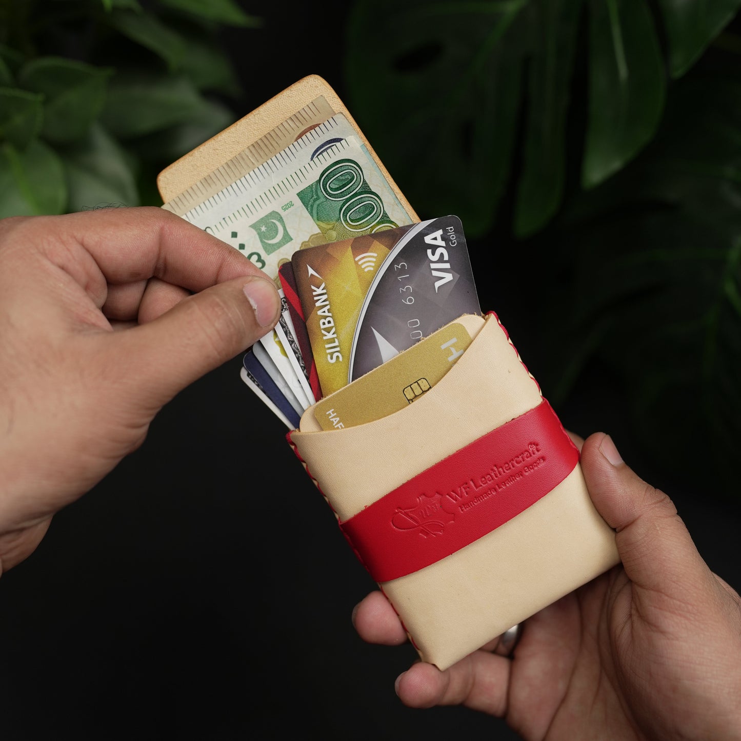 No. 101 All in one Card wallet natural vegtan leather & Red combination