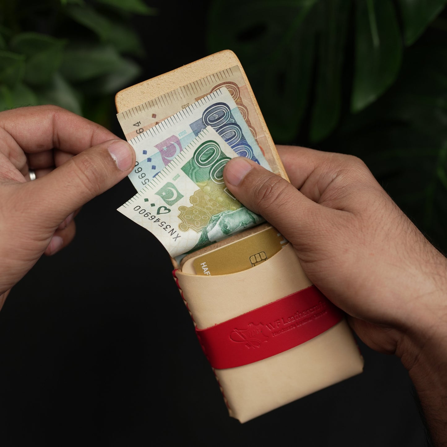 No. 101 All in one Card wallet natural vegtan leather & Red combination