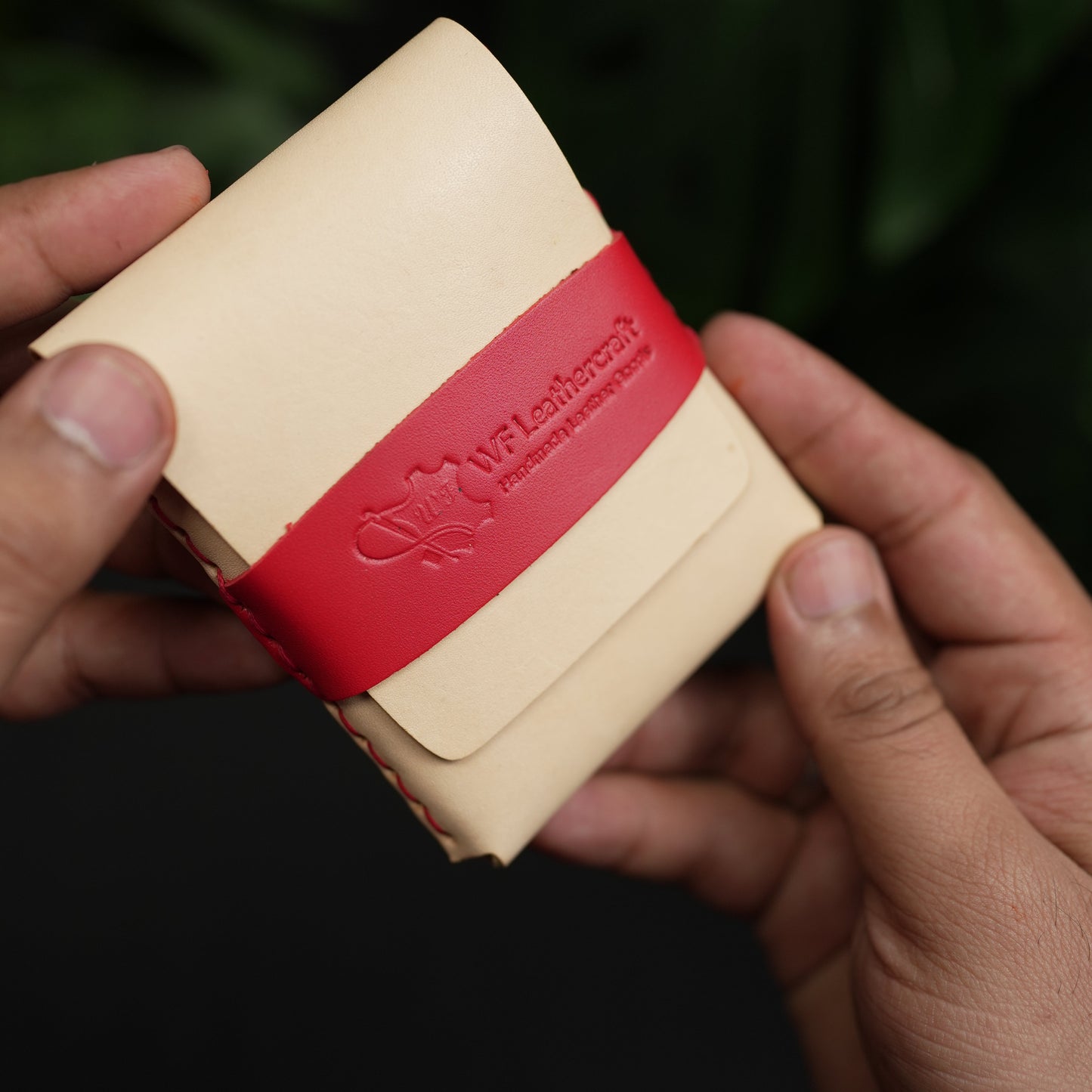 No. 101 All in one Card wallet natural vegtan leather & Red combination