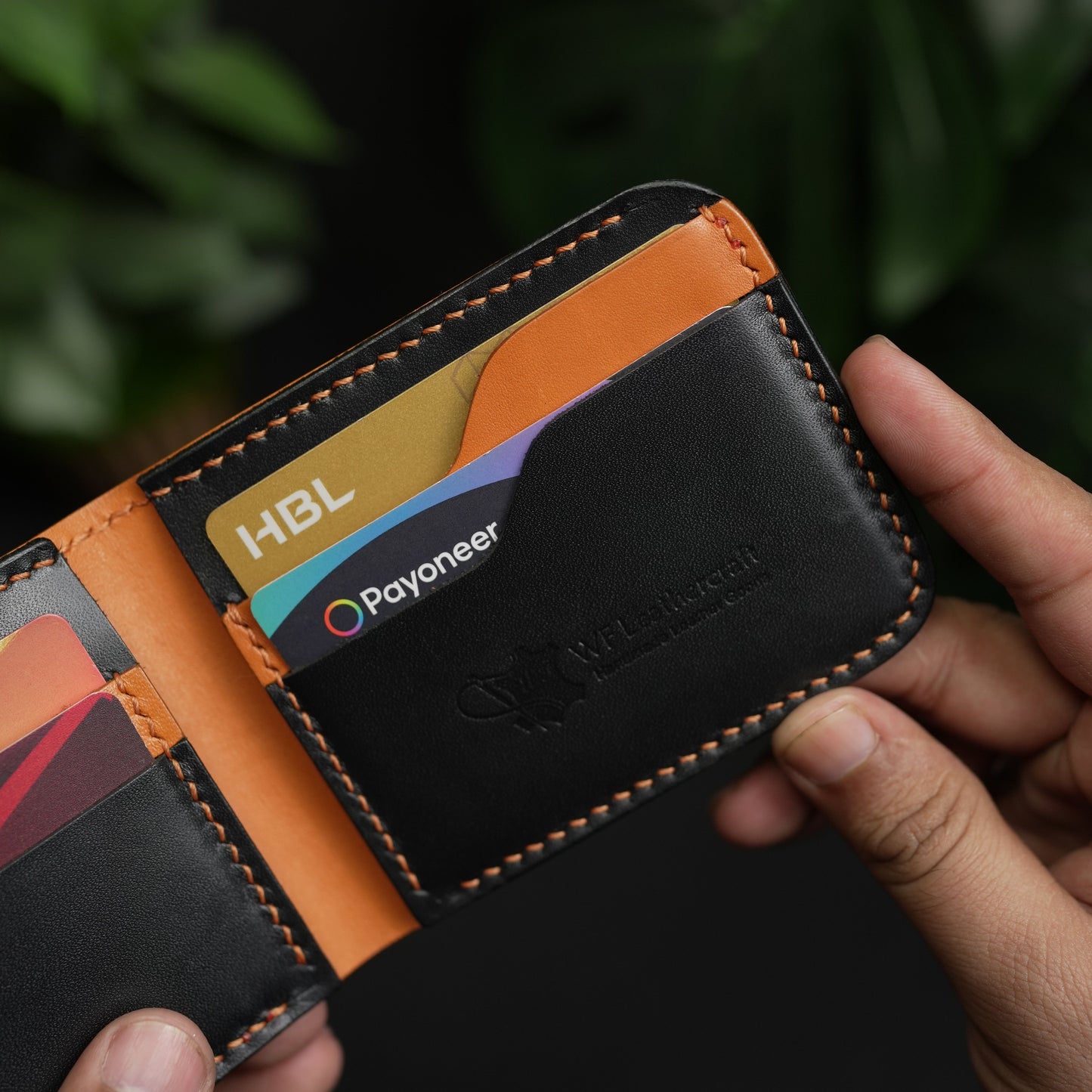 No.55 classic bifold Vegetable Tanned Leather Wallet Black With Tan color Combinaton