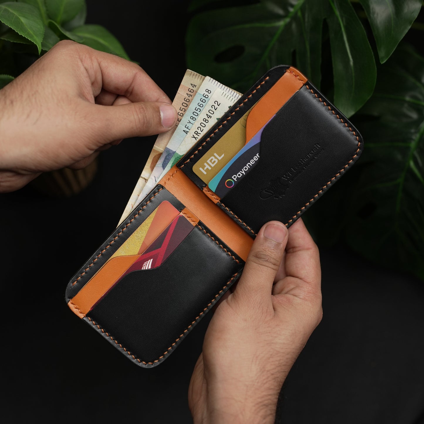 No.55 classic bifold Vegetable Tanned Leather Wallet Black With Tan color Combinaton