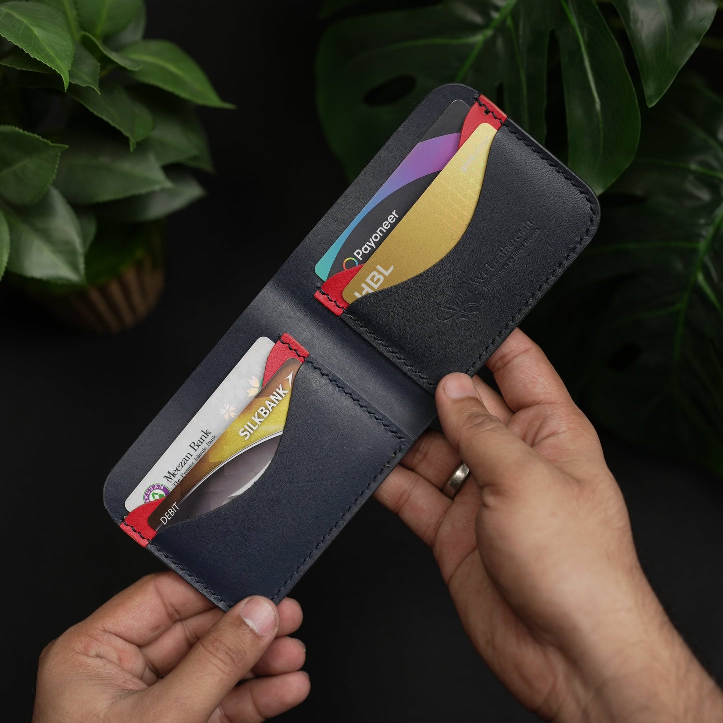 No.80 Bifold Leather Wallet (Navy Elegance & Red)