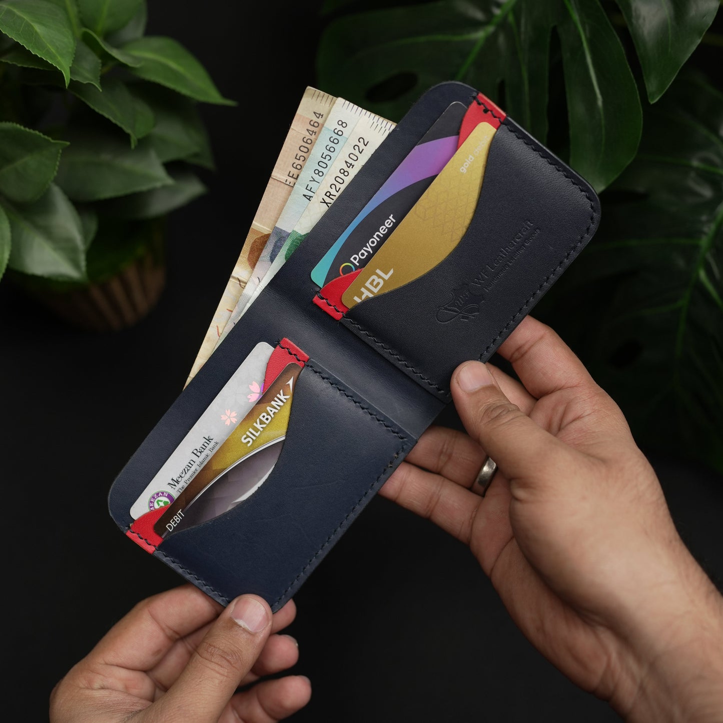 No.80 Bifold Leather Wallet (Navy Elegance & Red)