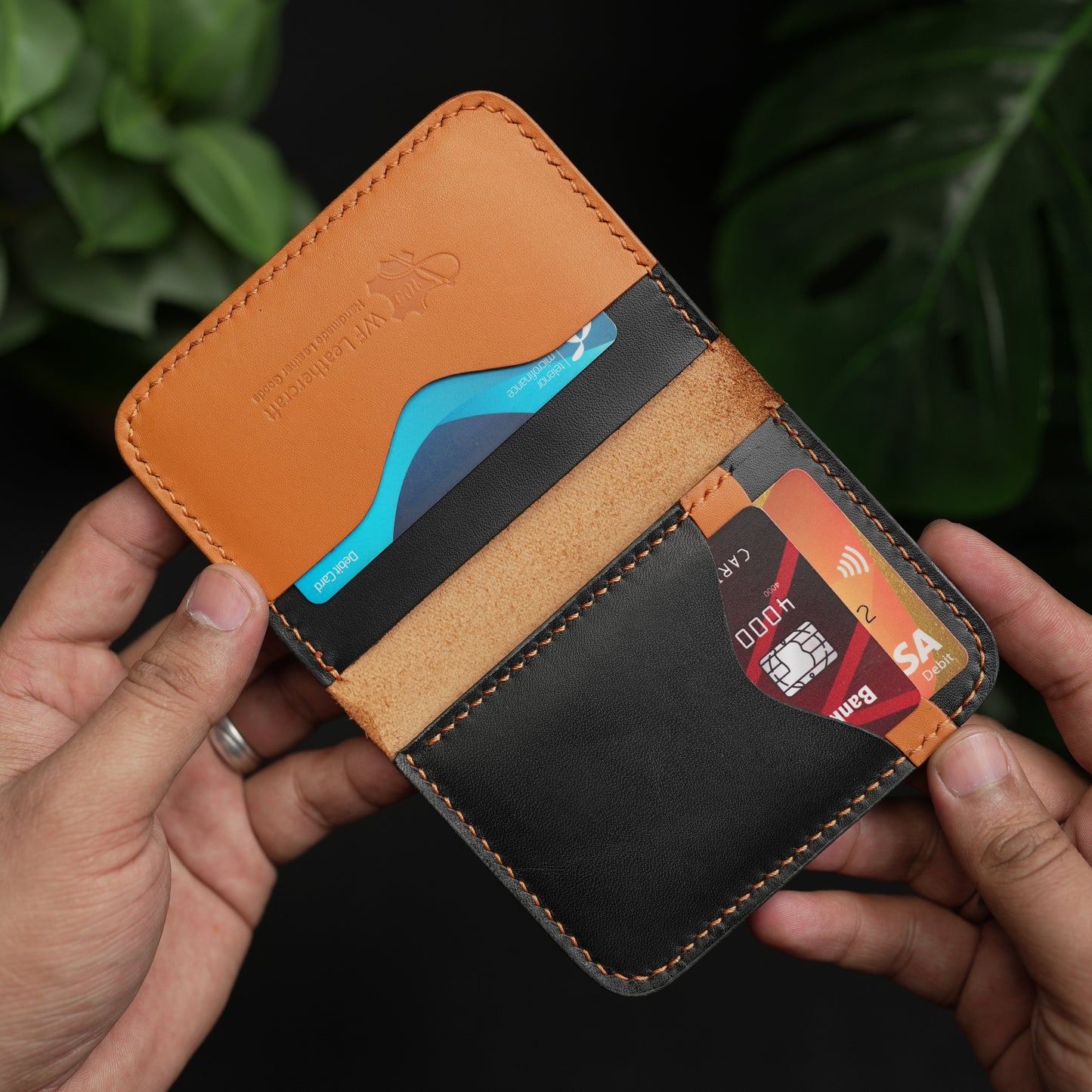 No.70 Bifold Card Leather Wallet ( Cosmic Black & Tan )