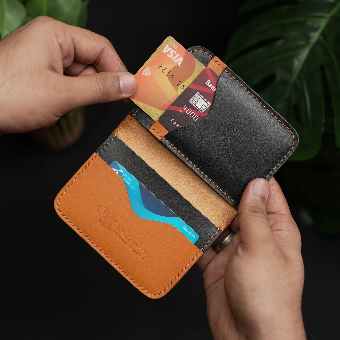 No.70 Bifold Card Leather Wallet ( Cosmic Black & Tan )