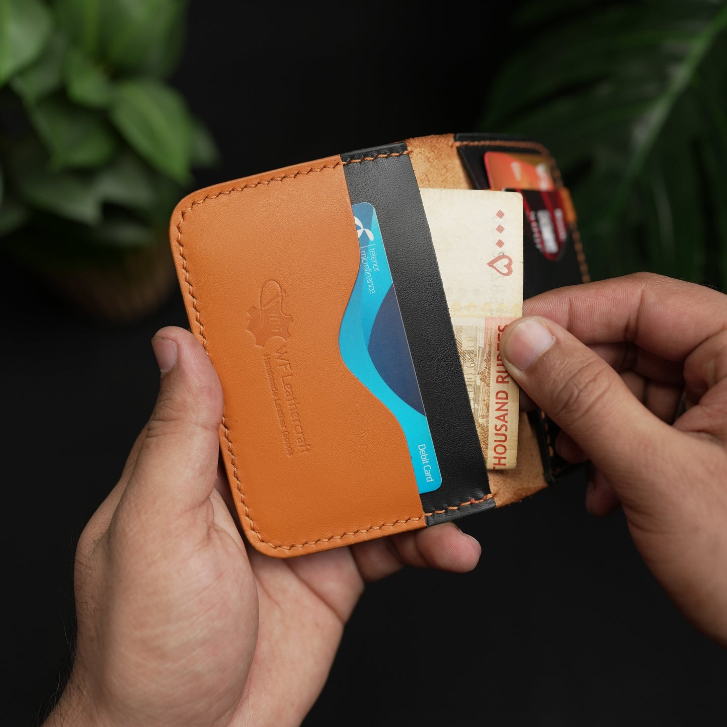 No.70 Bifold Card Leather Wallet ( Cosmic Black & Tan )