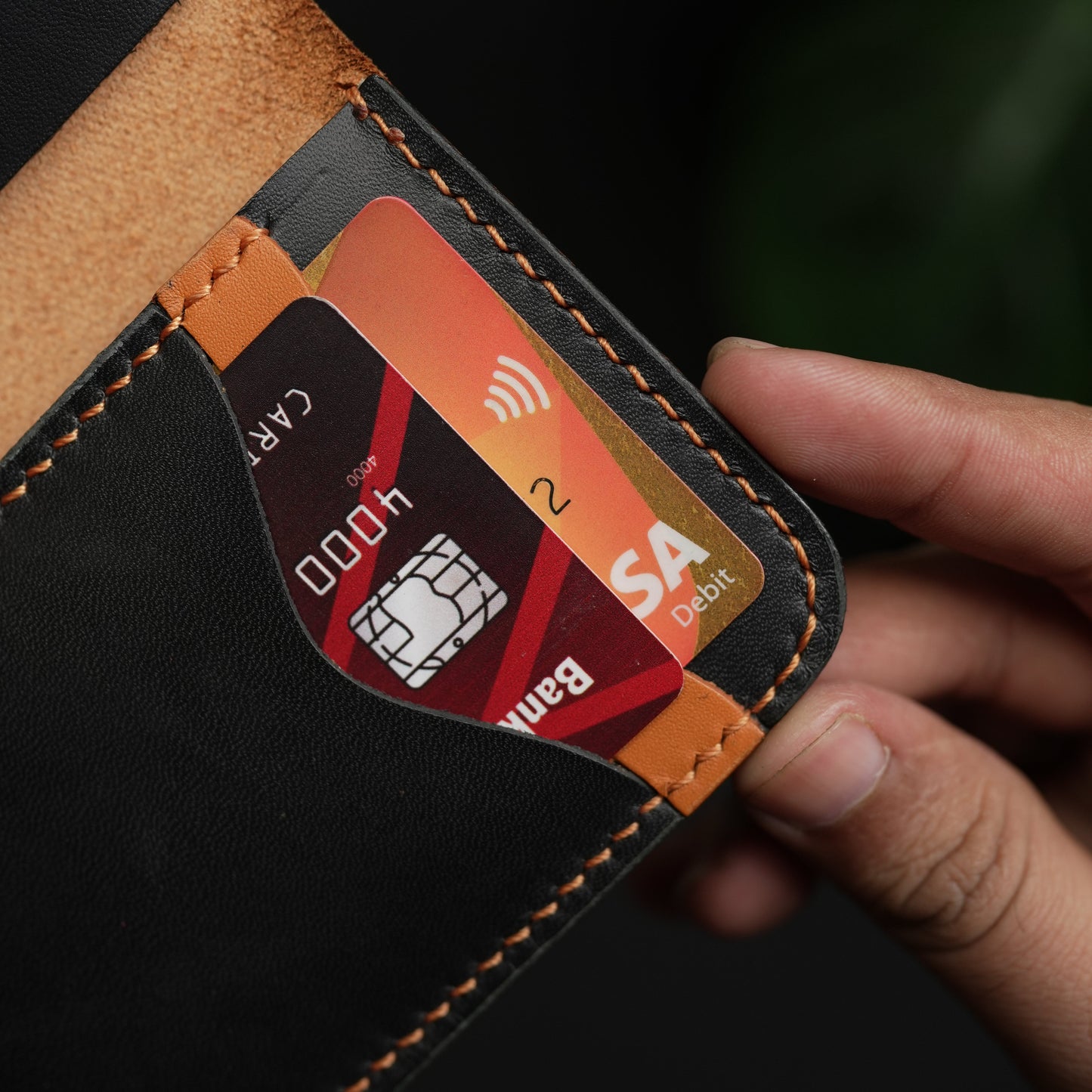 No.70 Bifold Card Leather Wallet ( Cosmic Black & Tan )