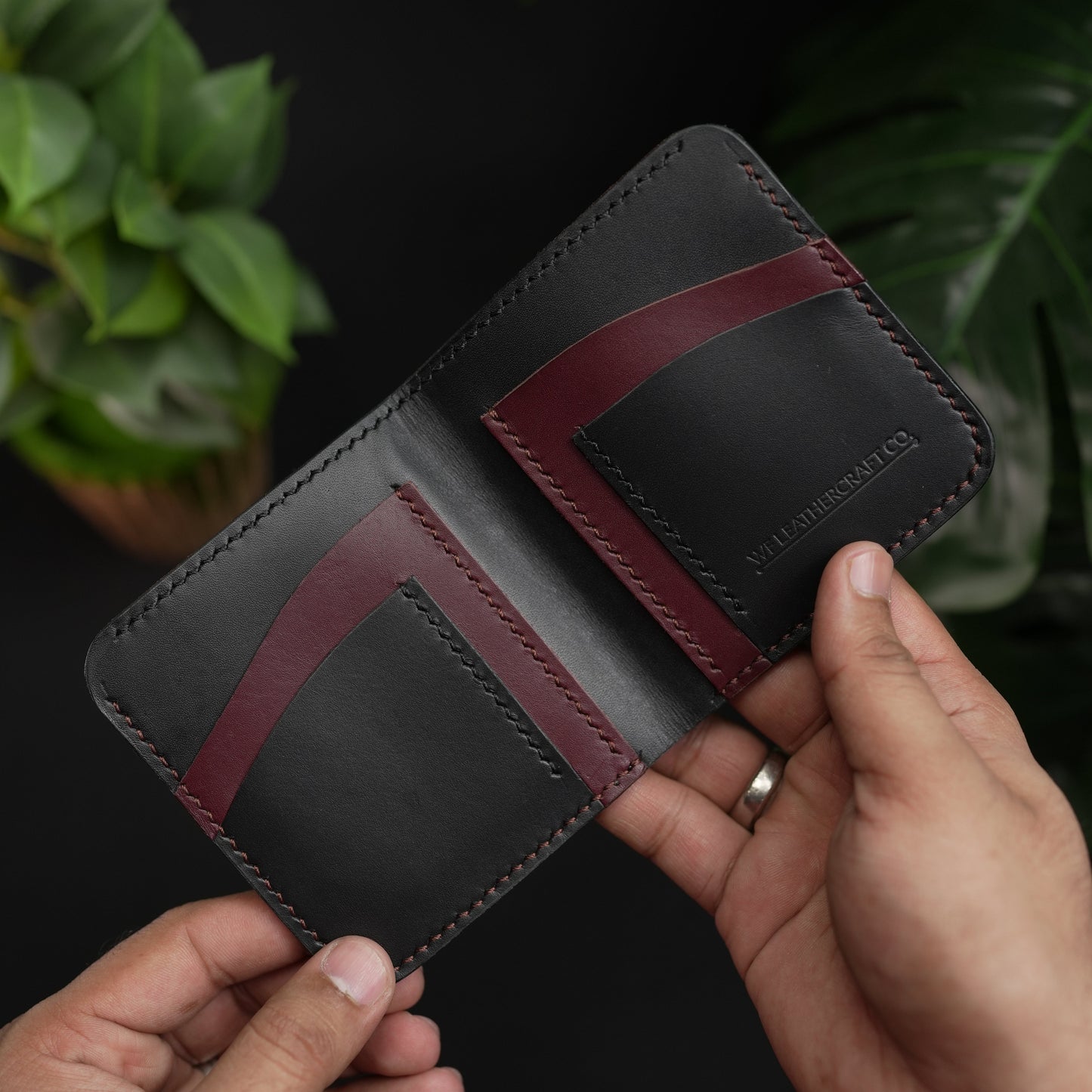 NO.86 VERTICLE BIFOLD LEATHER WALLET ( BURGANDY & OCEAN BLACK )