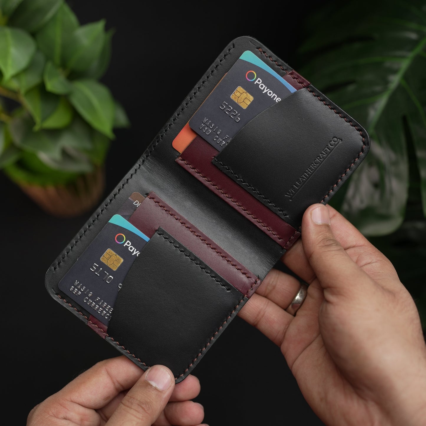 NO.86 VERTICLE BIFOLD LEATHER WALLET ( BURGANDY & OCEAN BLACK )