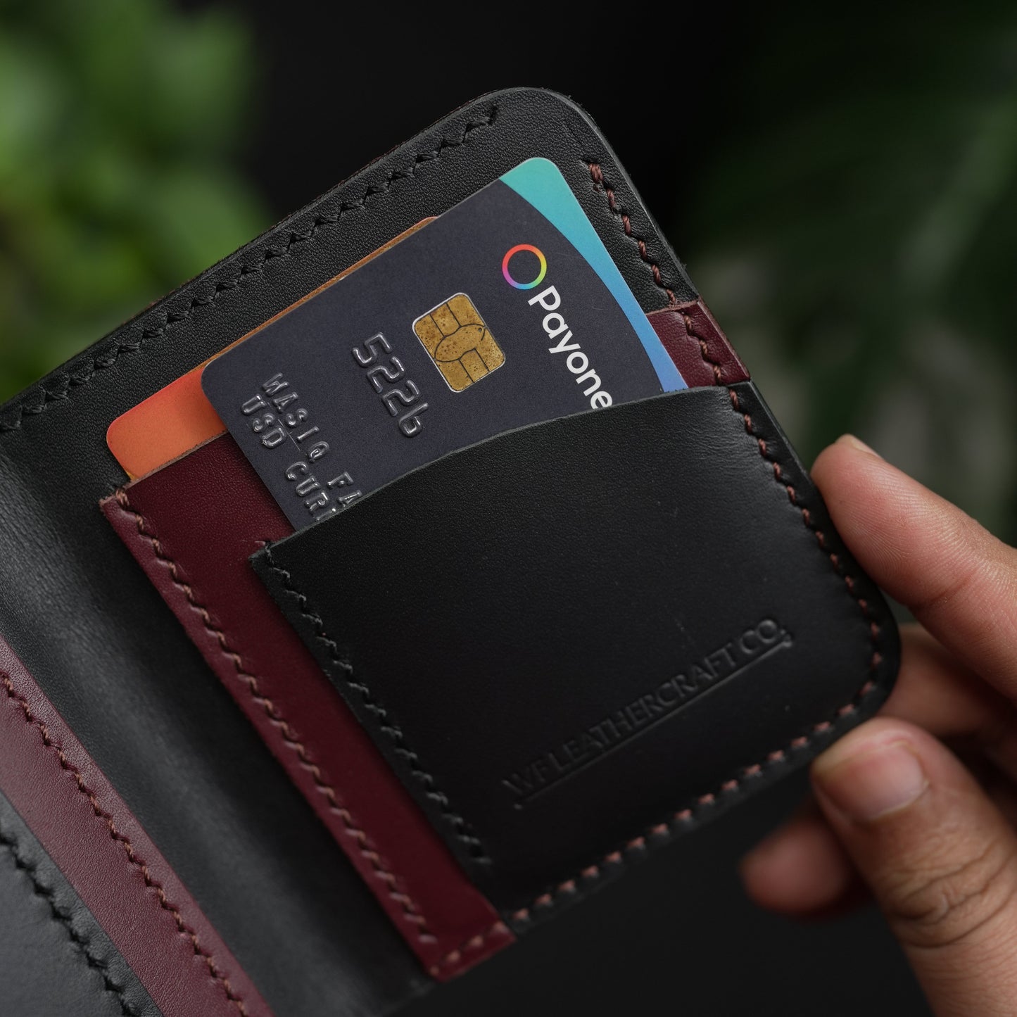 NO.86 VERTICLE BIFOLD LEATHER WALLET ( BURGANDY & OCEAN BLACK )