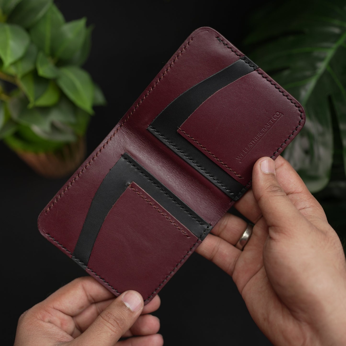 NO.86 VERTICLE BIFOLD LEATHER WALLET ( BURGANDY & OCEAN BLACK )