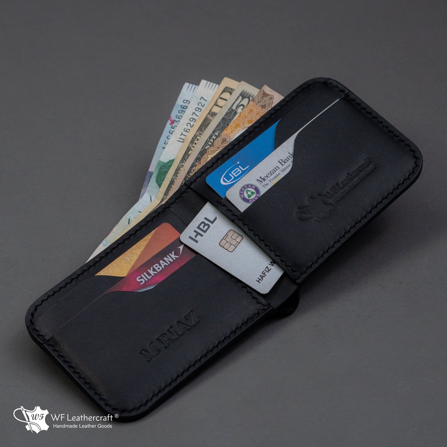 No.55 classic bifold wallet with two cash separation ( Black color )